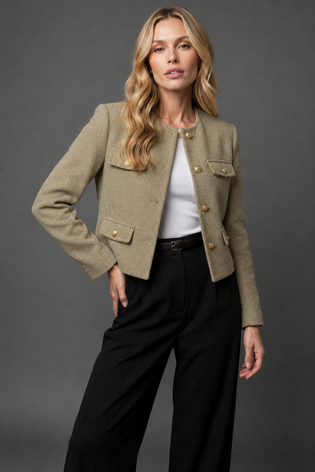 Jolene Cropped Gold Button Tweed Blazer