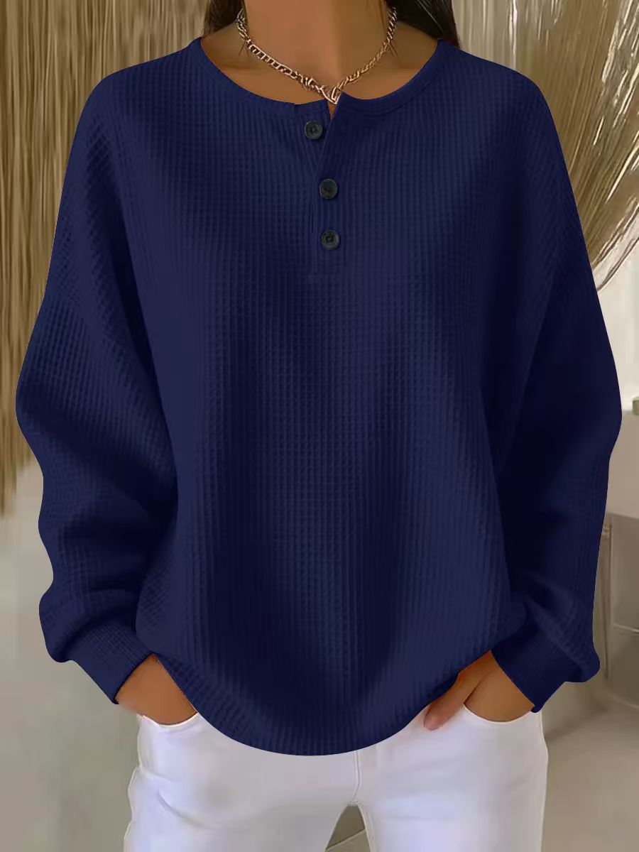 Jesselle Drop Shoulder Henley Waffle Knit Sweatshirt