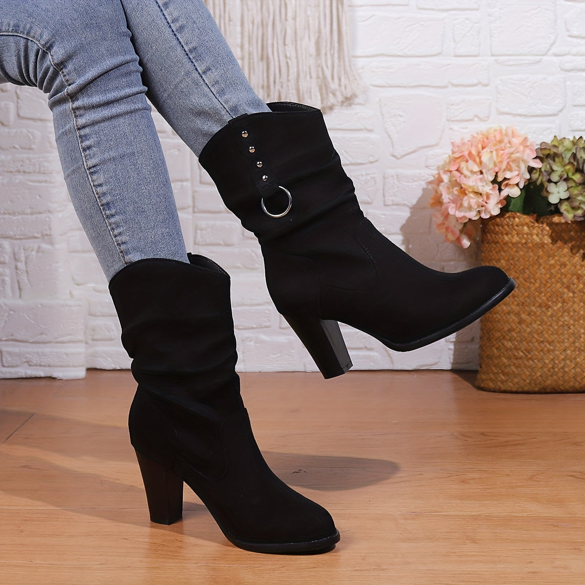 Lucinda Slouch Ring Detail Block Heel Western Boots