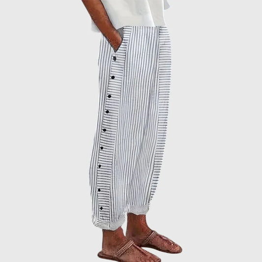 Romina Striped Button Detail Wide Leg Trousers