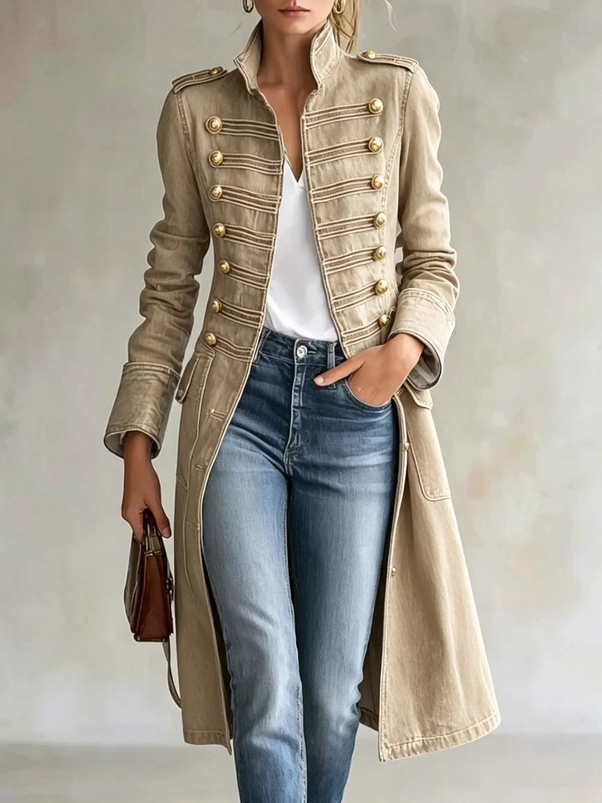 Priscilla Stand Collar Double Button Military Coat