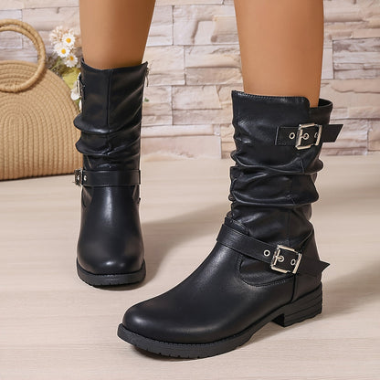 Bernadette Slouch Buckle Low Heel Mid-Calf Boots