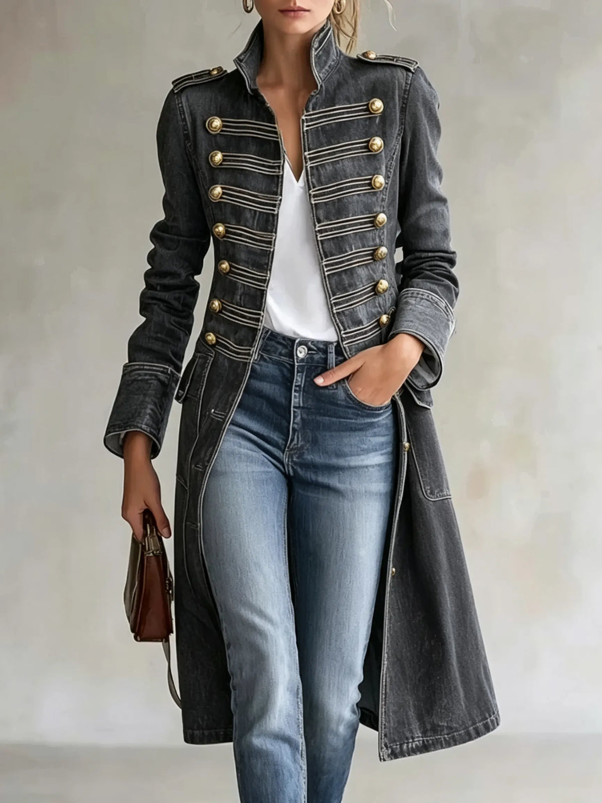Priscilla Stand Collar Double Button Military Coat