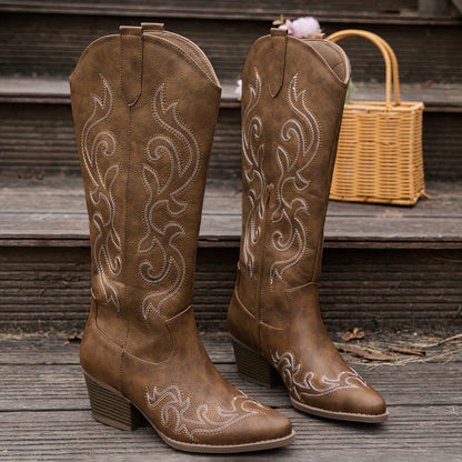 Alessandra Embroidered Knee High Block Heel Cowboy Boots