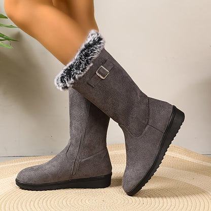 Leonie Plush Lined Side Zip Buckle Mid-Calf Boots