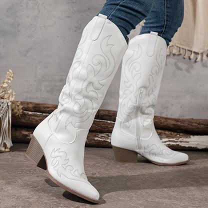 Alessandra Embroidered Knee High Block Heel Cowboy Boots