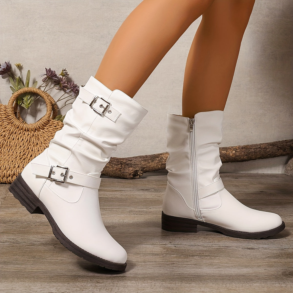 Bernadette Slouch Buckle Low Heel Mid-Calf Boots