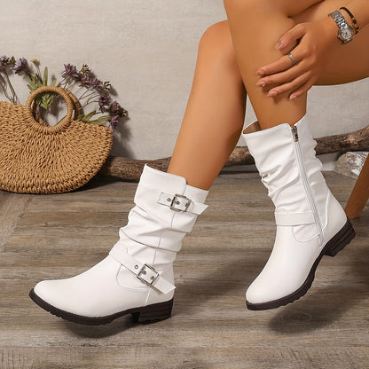 Bernadette Slouch Buckle Low Heel Mid-Calf Boots