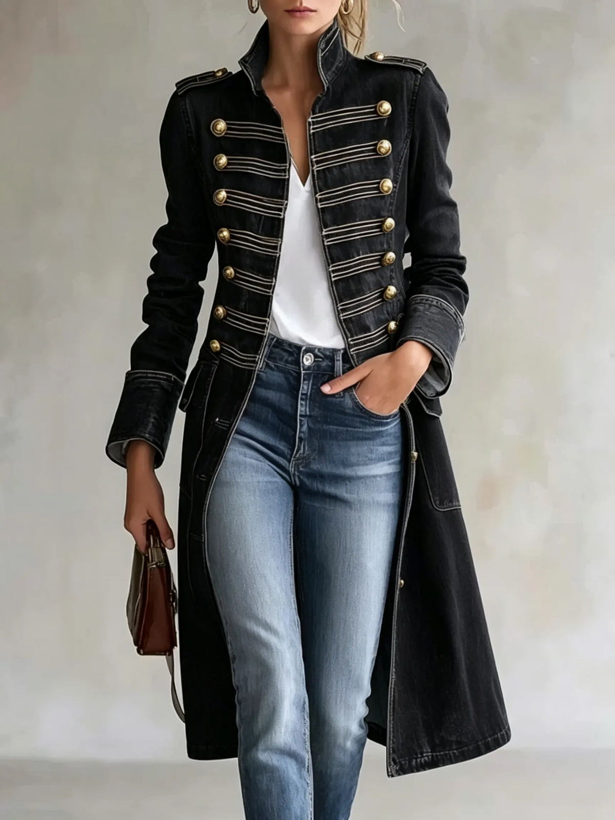 Priscilla Stand Collar Double Button Military Coat