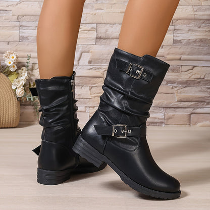 Bernadette Slouch Buckle Low Heel Mid-Calf Boots