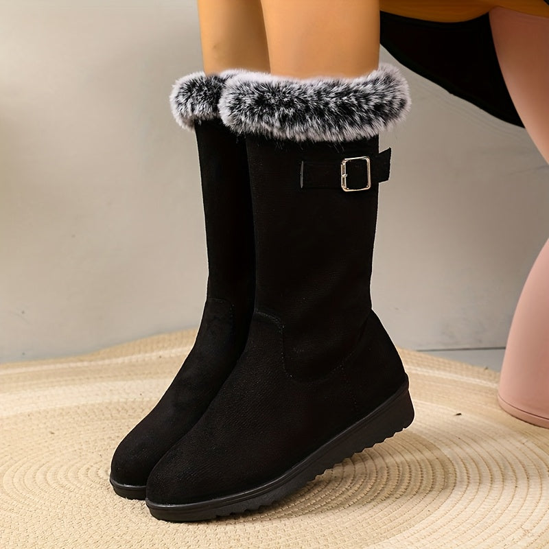 Leonie Plush Lined Side Zip Buckle Mid-Calf Boots