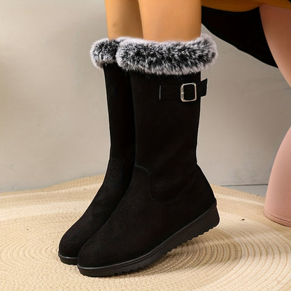 Leonie Plush Lined Side Zip Buckle Mid-Calf Boots