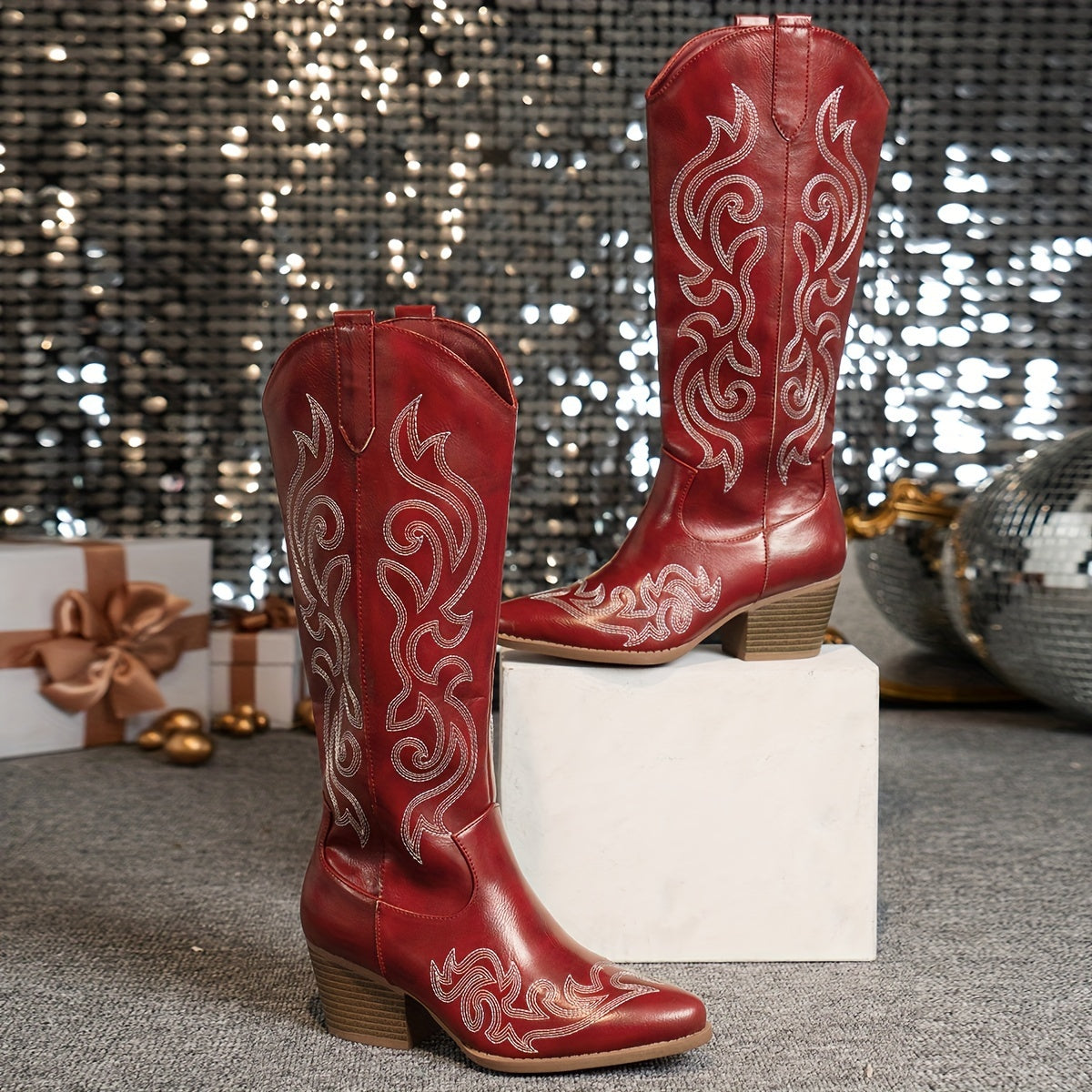 Alessandra Embroidered Knee High Block Heel Cowboy Boots