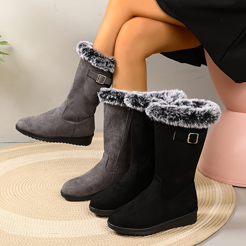 Leonie Plush Lined Side Zip Buckle Mid-Calf Boots