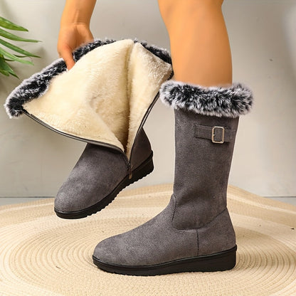 Leonie Plush Lined Side Zip Buckle Mid-Calf Boots