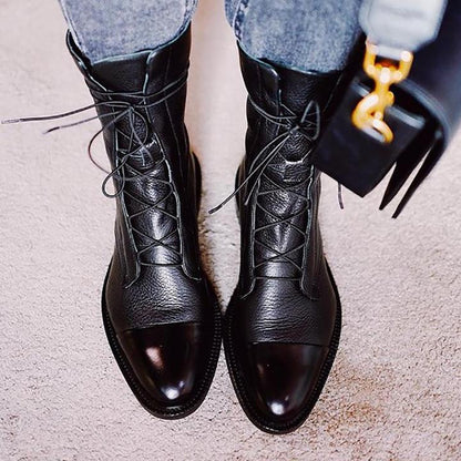 Eulalie Leather Lace-Up Pointed Toe Block Heel Boots