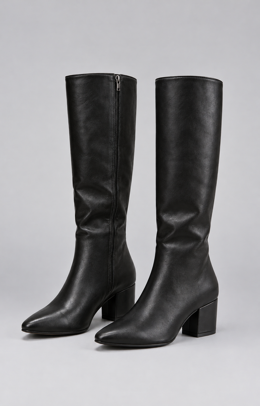 Selina Leather Look Pointed Toe Block Heel Knee High Boots