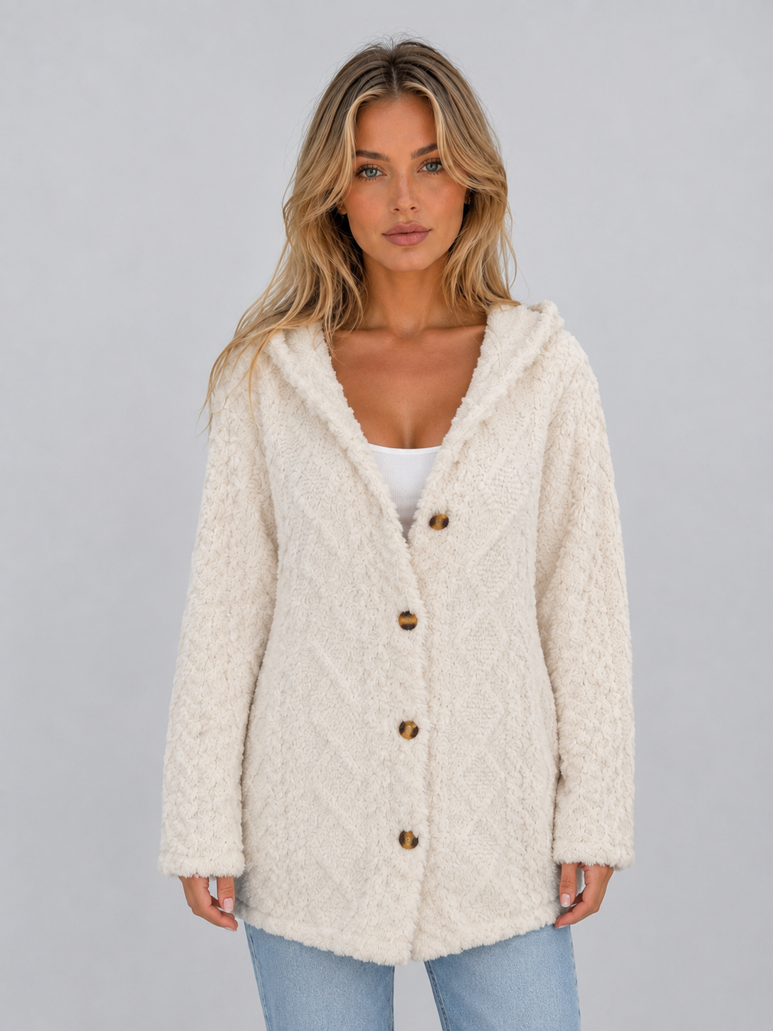 Cosima Longline Hooded Button Front Teddy Cardigan