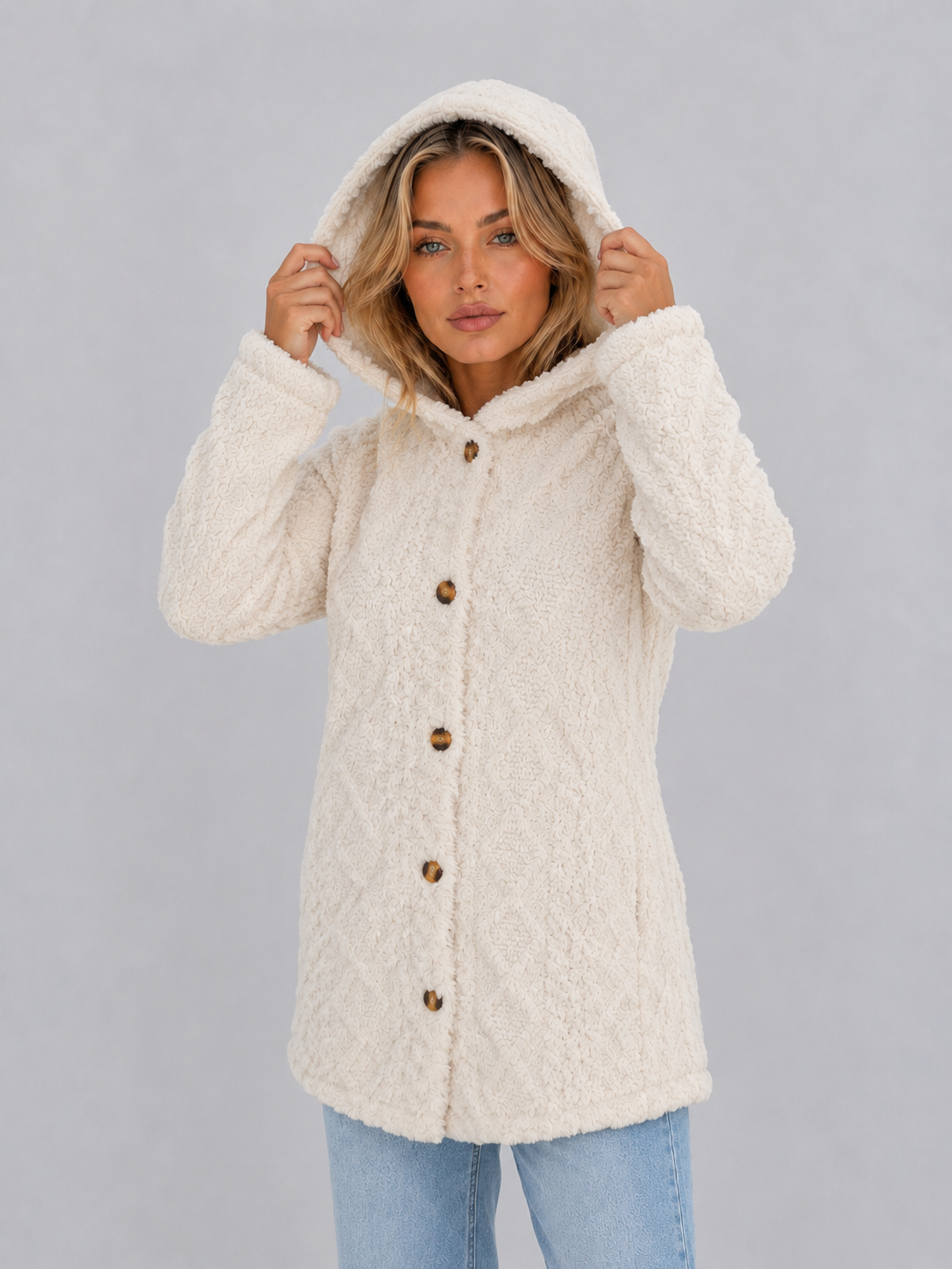 Cosima Longline Hooded Button Front Teddy Cardigan