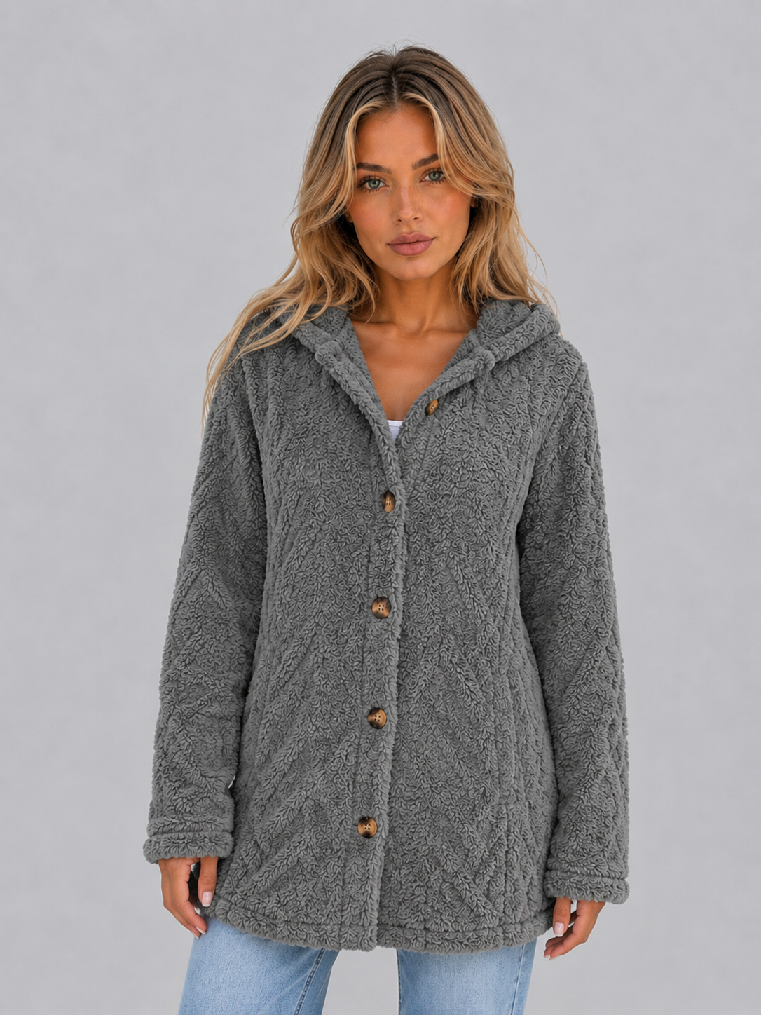Cosima Longline Hooded Button Front Teddy Cardigan