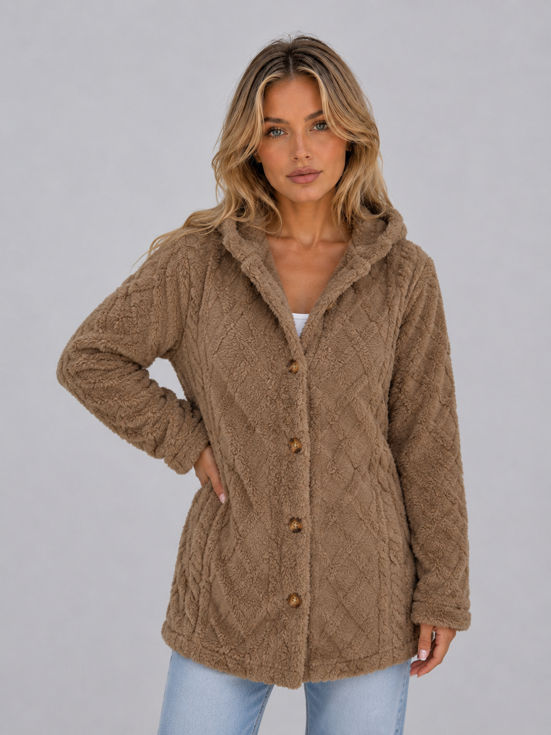 Cosima Longline Hooded Button Front Teddy Cardigan