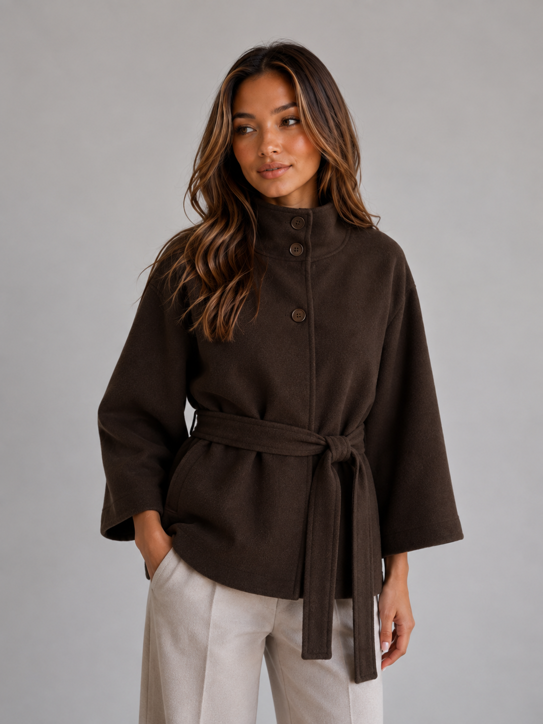 Celina Belted Stand Collar Cape Jacket