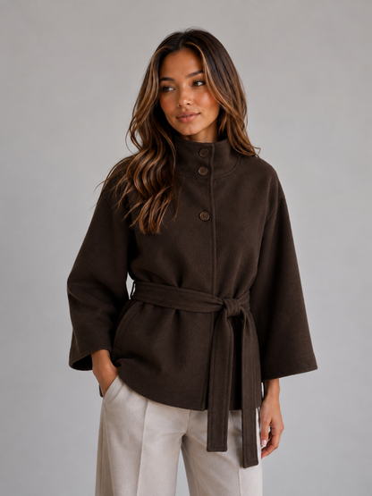 Celina Belted Stand Collar Cape Jacket