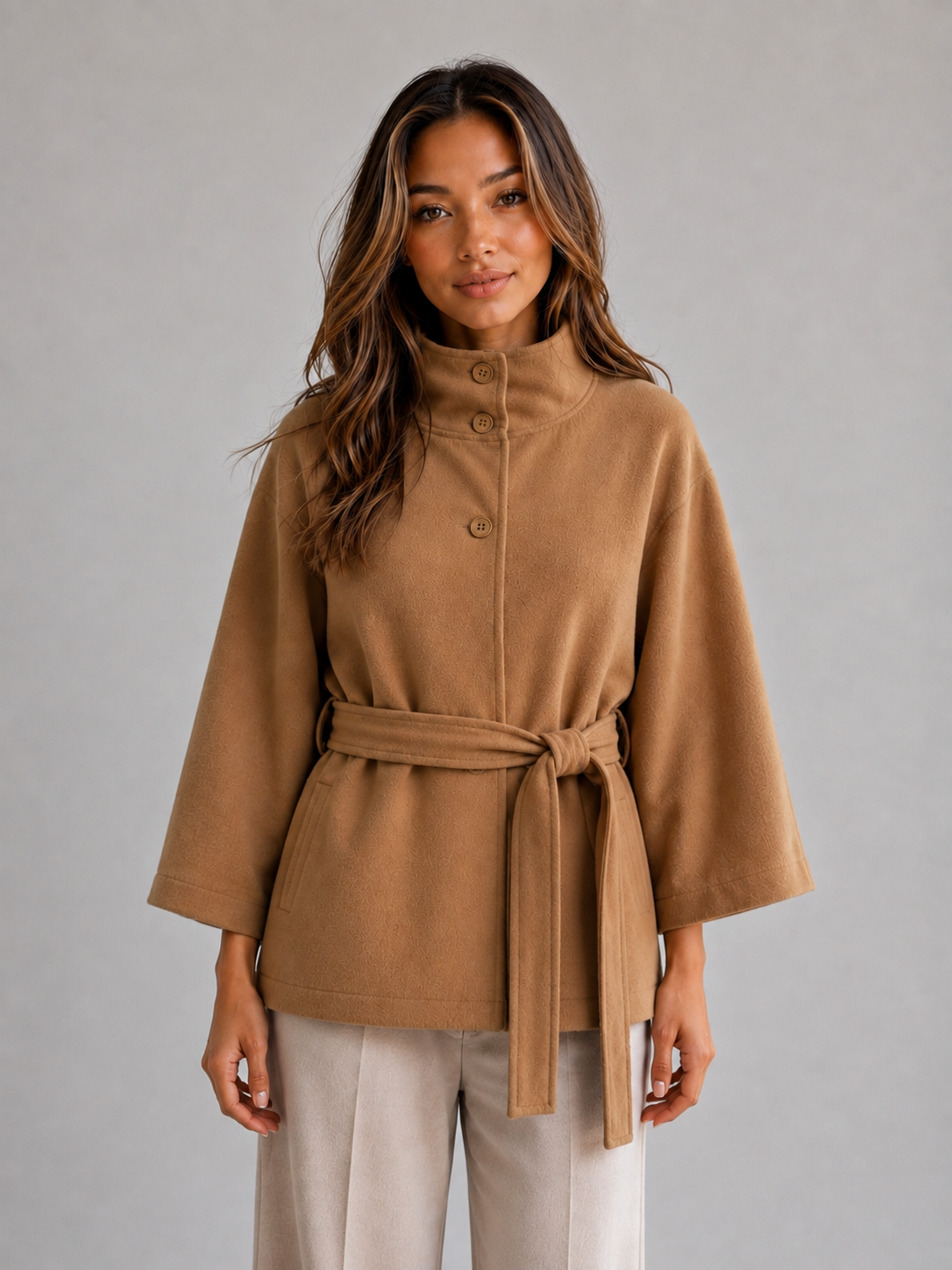 Celina Belted Stand Collar Cape Jacket
