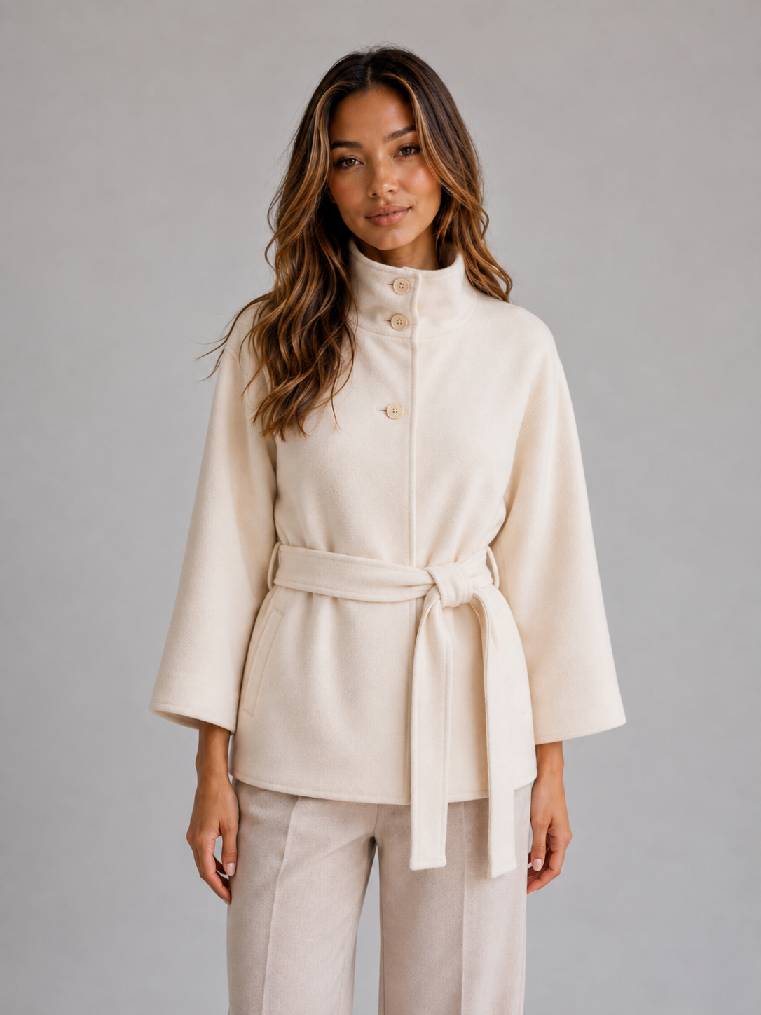 Celina Belted Stand Collar Cape Jacket