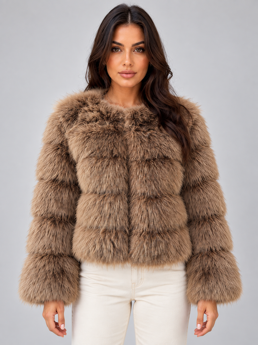 Rosella Cropped Round Neck Faux Fur Jacket