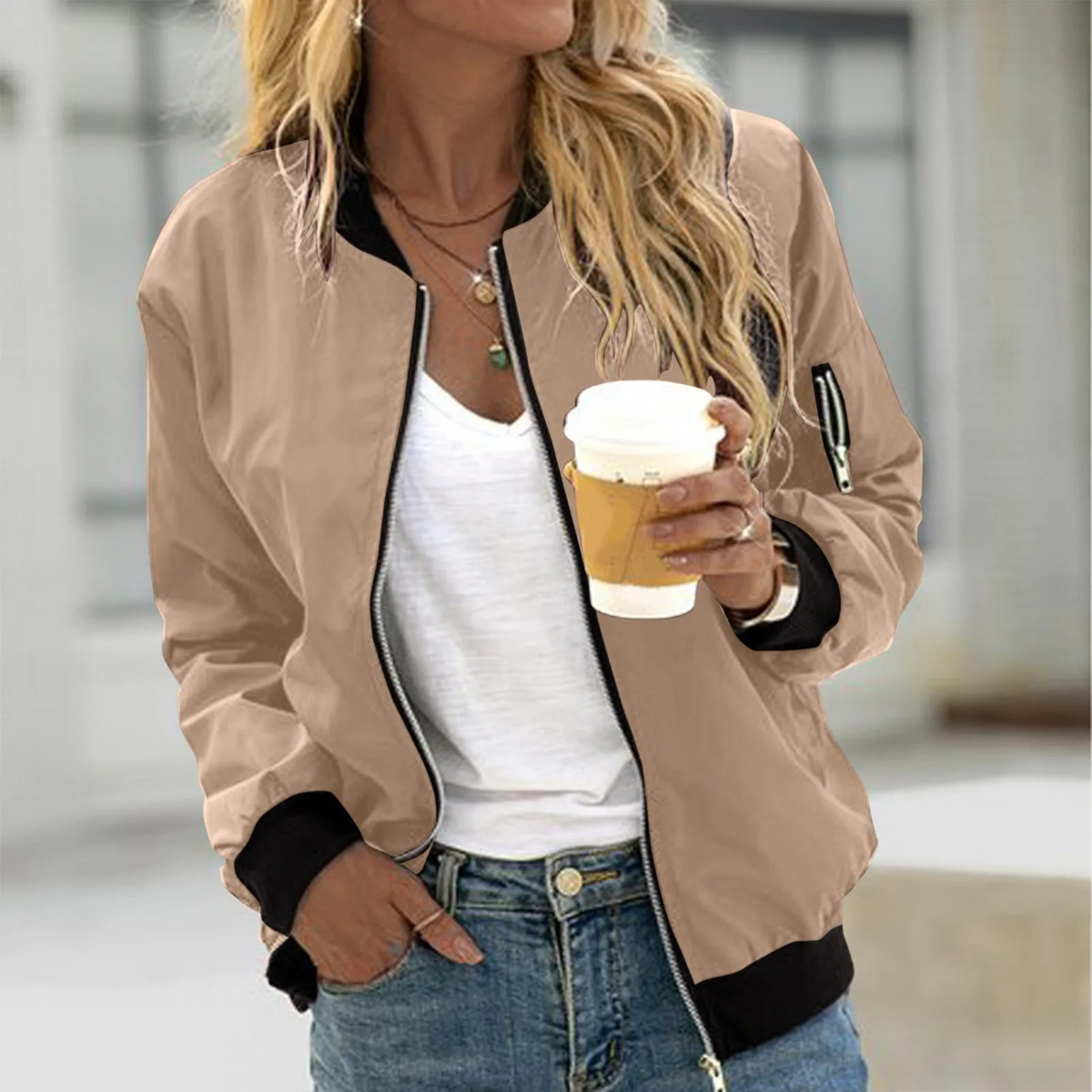 Adelia Lightweight Zip Pocket Bomber Jacket