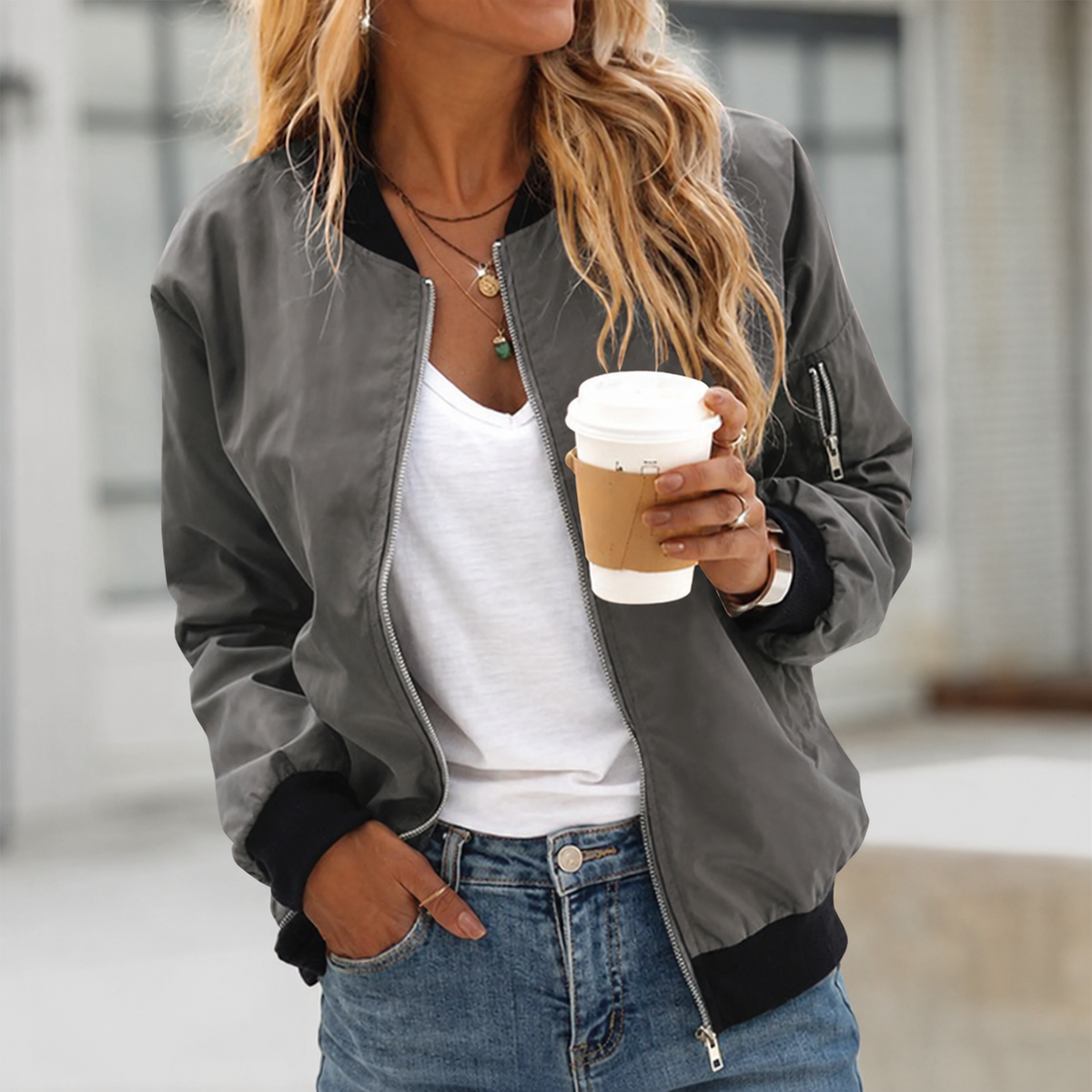 Adelia Lightweight Zip Pocket Bomber Jacket