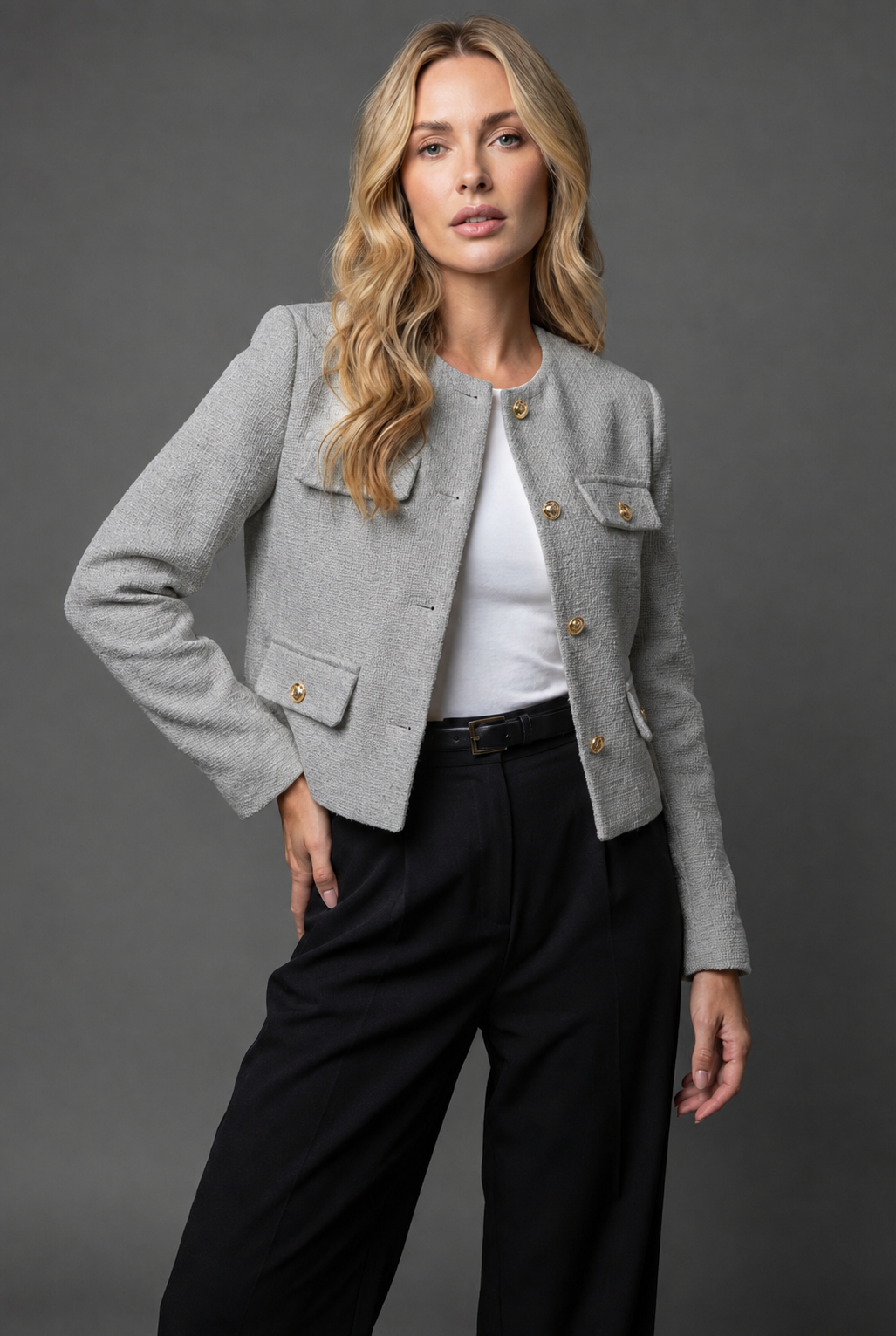 Jolene Cropped Gold Button Tweed Blazer