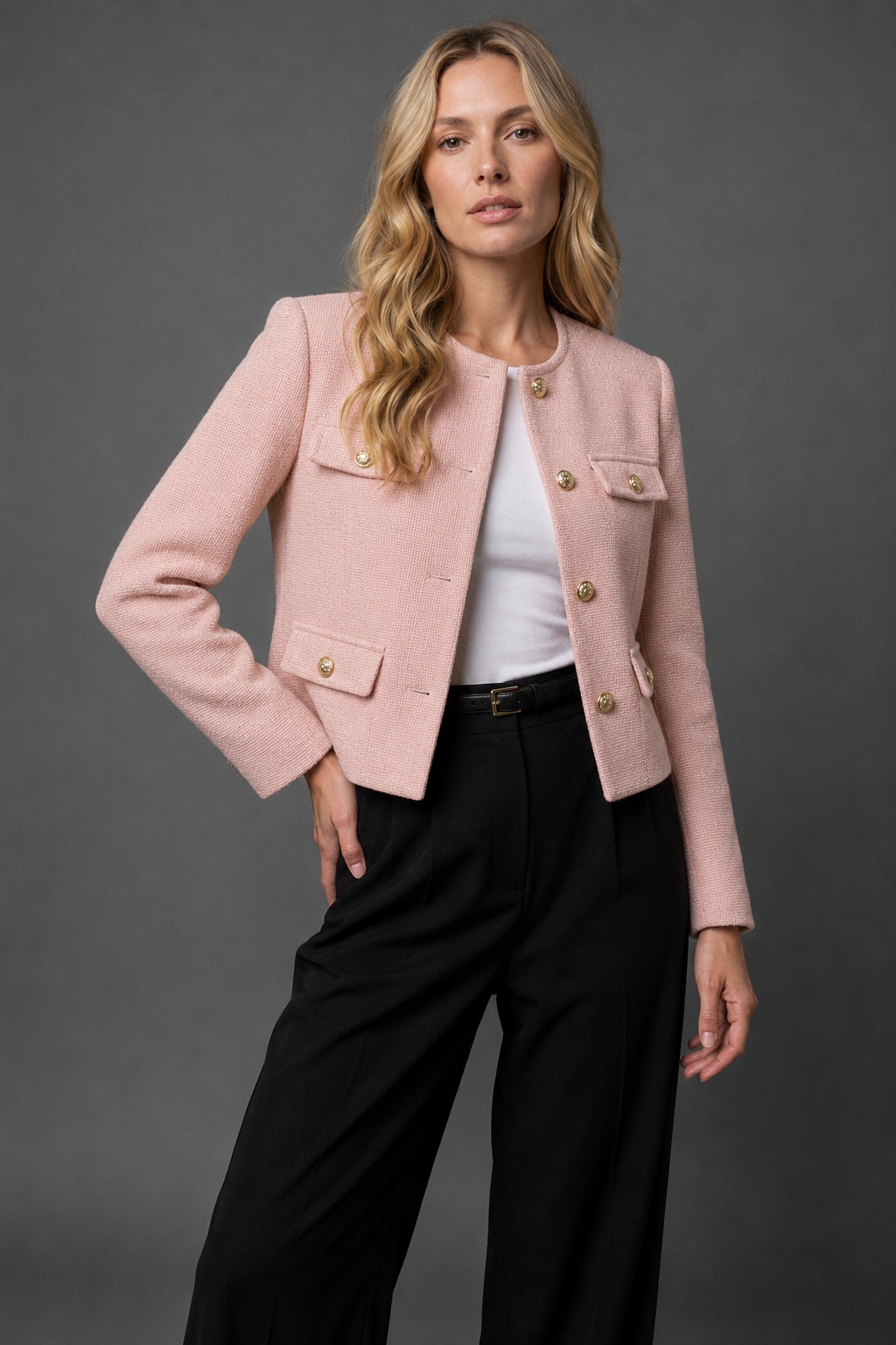Jolene Cropped Gold Button Tweed Blazer