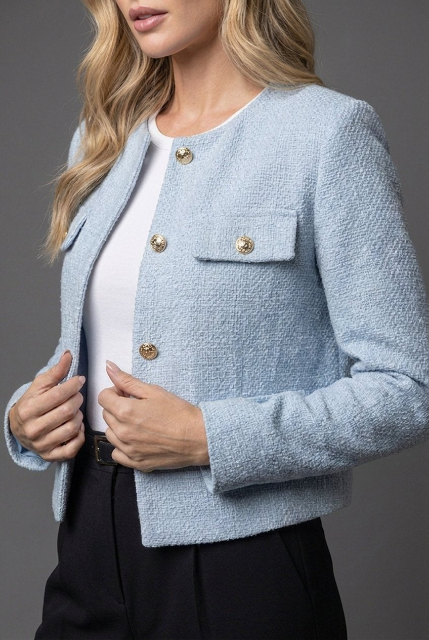 Jolene Cropped Gold Button Tweed Blazer