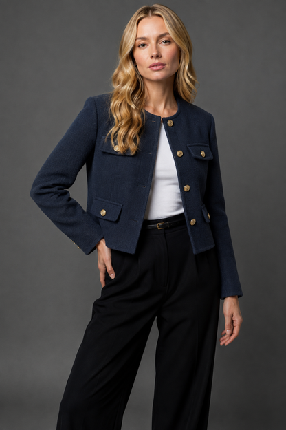 Jolene Cropped Gold Button Tweed Blazer
