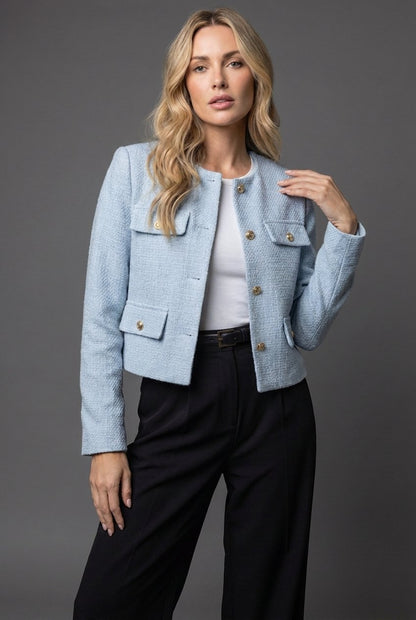 Jolene Cropped Gold Button Tweed Blazer