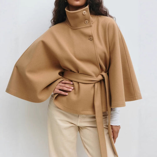 Roxana Belted Stand Collar Cape Coat