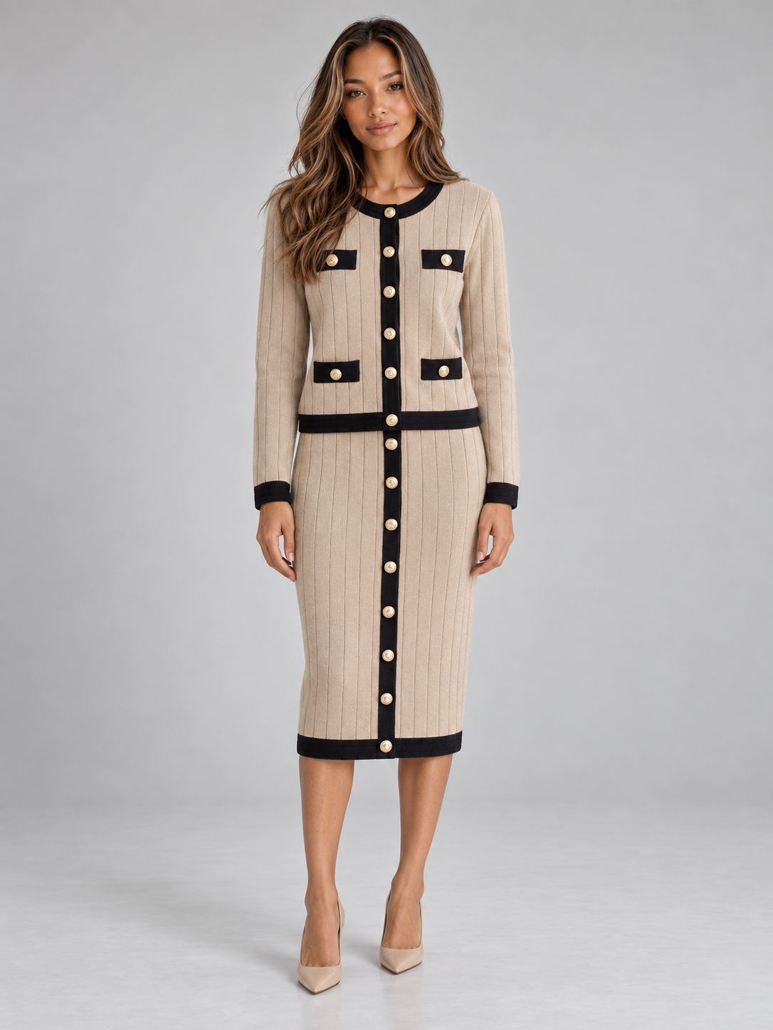 Letitia Ribbed Knit Cardigan Midi Skirt Co-Ord Set