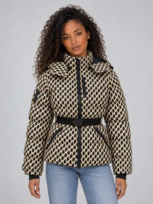 Sabella Geometric Belted Hooded Puffer Jacket
