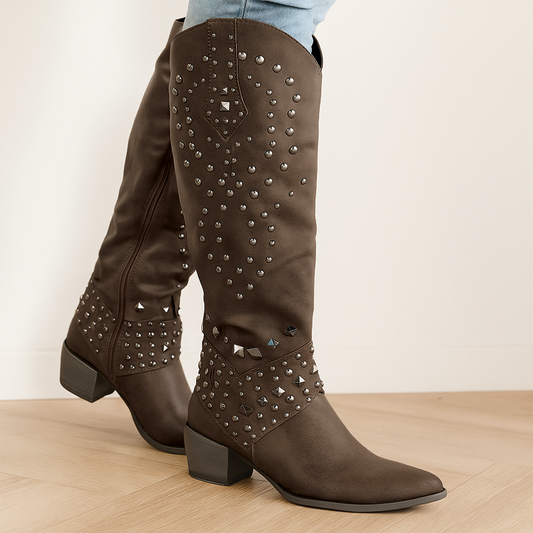 Estrella Studded Block Heel Knee High Cowboy Boots