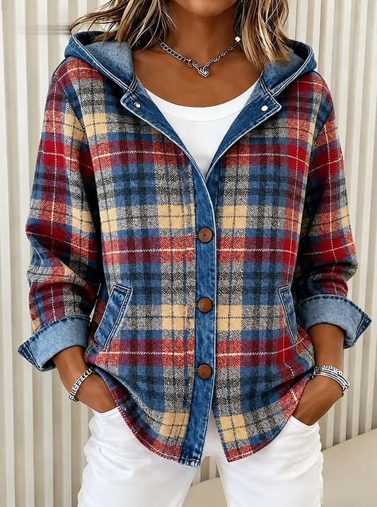 Celia Hooded Plaid Denim Trim Shacket
