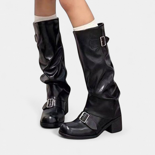 Veronique Faux Leather Slouch Buckle Knee High Boots