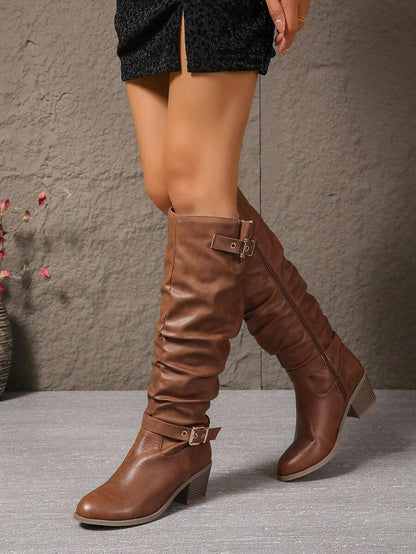 Wilhelmina Double Buckle Vegan Leather Knee High Boots