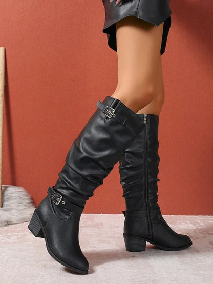 Wilhelmina Double Buckle Vegan Leather Knee High Boots