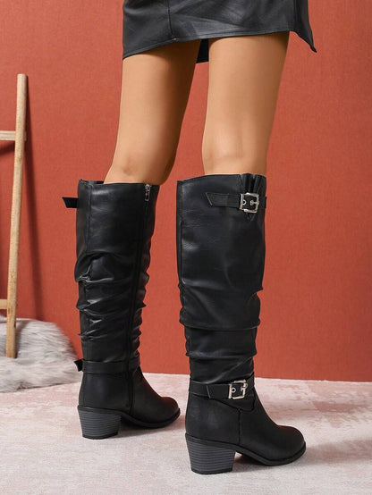 Wilhelmina Double Buckle Vegan Leather Knee High Boots