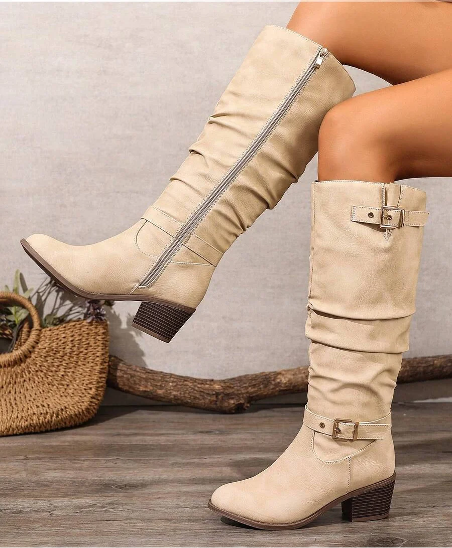 Wilhelmina Double Buckle Vegan Leather Knee High Boots