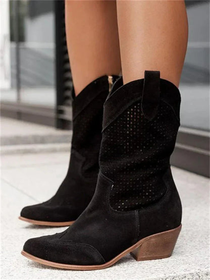 Arielle Pointed Toe Suede Mid-Calf Cowboy Boots
