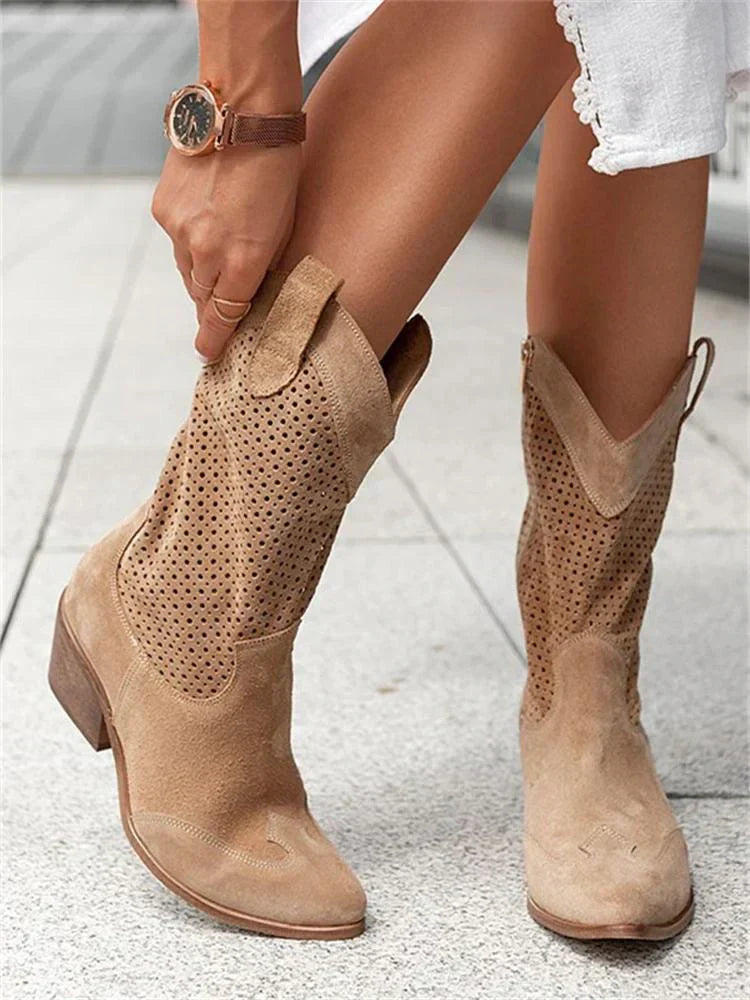 Arielle Pointed Toe Suede Mid-Calf Cowboy Boots