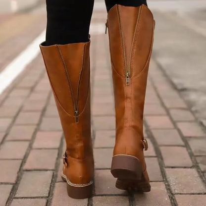 Caterina Back Zip Buckle Knee High Riding Boots